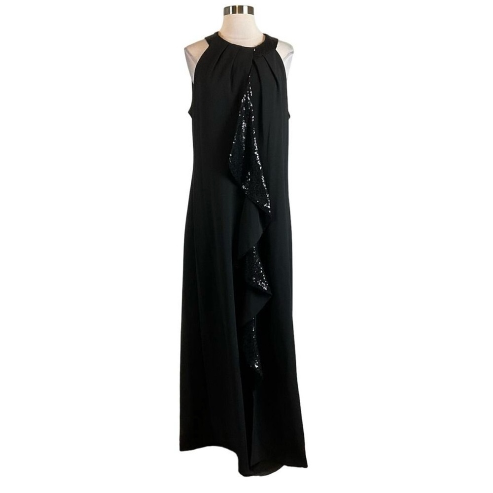 SLNY Women's Formal Dress Size 18 Black Sequined Crepe Sleeveless Halter Gown
